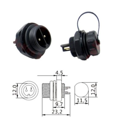 Conector M12 Base do painel 2 contatos IP67