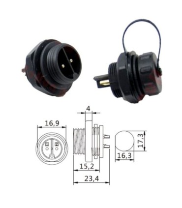 Conector M16 Base do painel 2 contatos IP67
